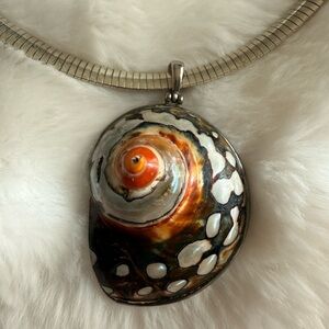 Rare Vintage Italian 925 Sterling Silver Shell Pendant & Omega Chain Necklace